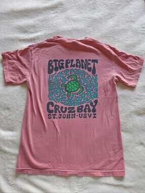 Comfort Colors Big Planet St John USVI Turtle Shirt Small Back Graphic Pink Cruz